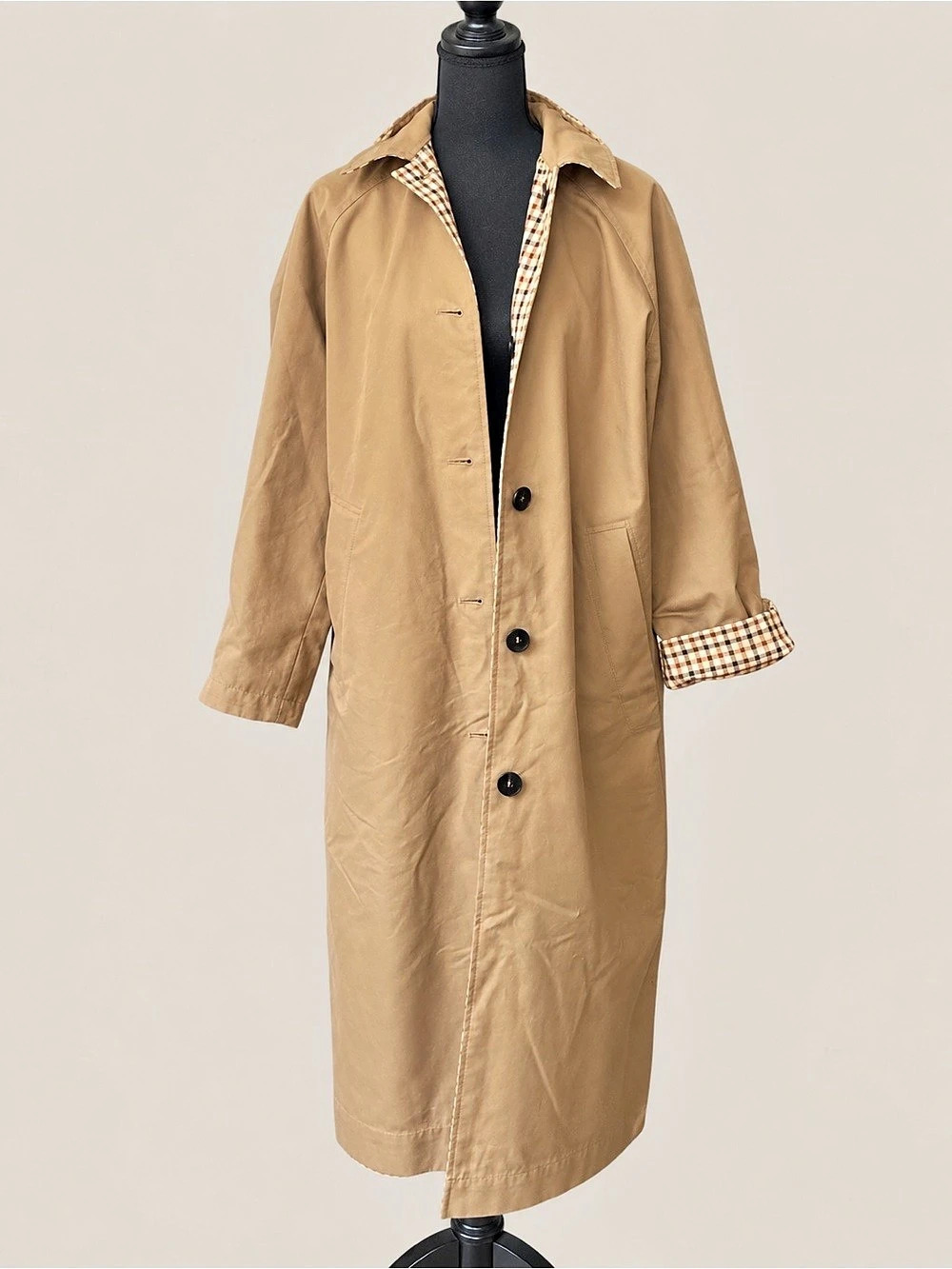 Zara Reversible Long Trench Coat Camel Plaid Check Size S